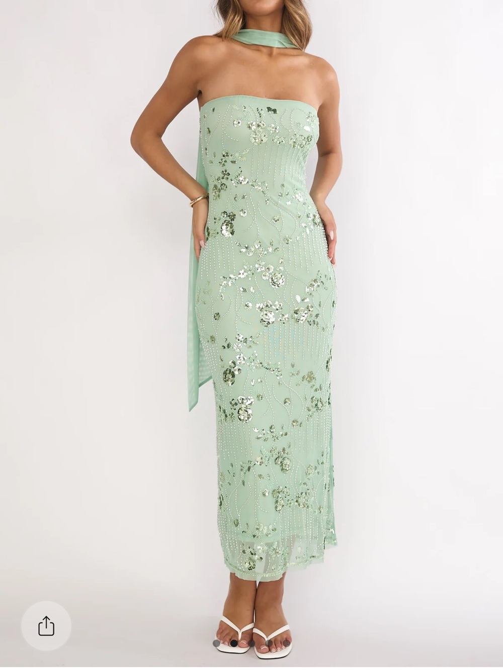 Selfie Leslie Mint Green Strapless Sequin Floral Midi Dress